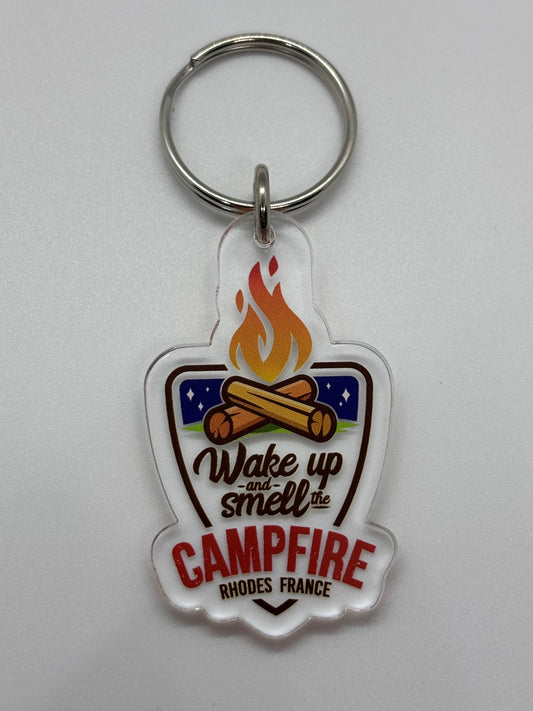 Keychain 1/8" Clear Acrylic - Wake Up Campfire Rhodes France